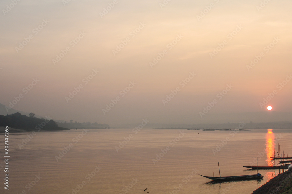 Sunrise on the Mekong River in Khong Chiam is the Easternmost District of Ubon Ratchathani Province of Thailand.