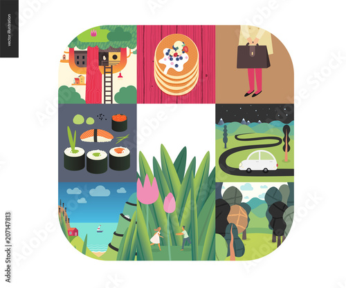 Simple things - color set - flat cartoon vector illustration of sushi rolls, treehouse, stack of pancakes, school girl, briefcase, car, hills, forest, tiny couple, seapiece, boat - colour composition photo