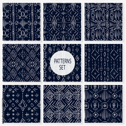 Doodle patterns set. Abstract sketch textures. Simple ornaments collection. Pencil effect scribble boho backgrounds. Vector seamless scrawls for fabric or paper design, printed products.