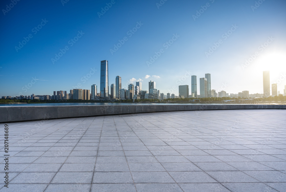 city skyline with empty floor