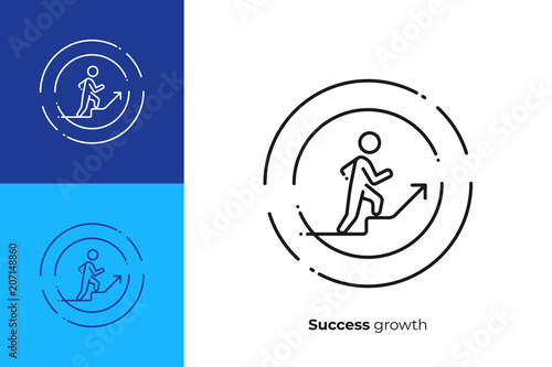 Stick man walk up on staircases line art vector icon