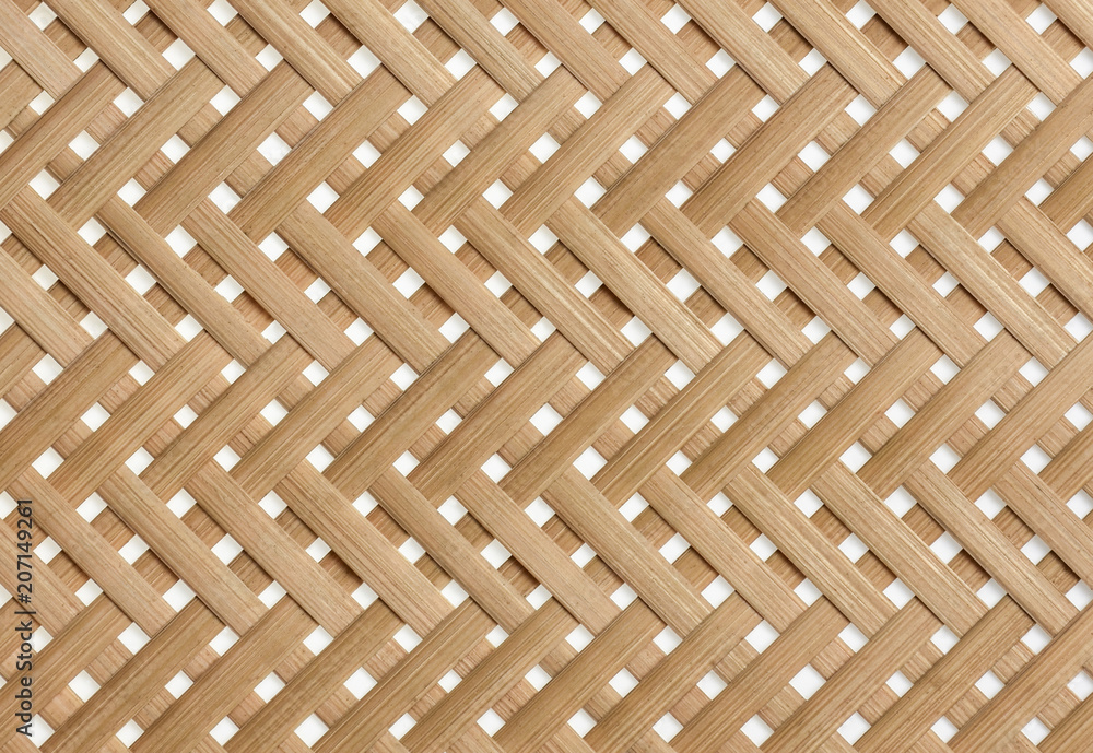 Woven bamboo strips pattern close up. Wickerwork bamboo texture background. - obrazy, fototapety, plakaty 
