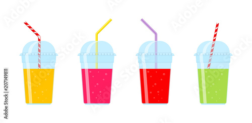 Vector illustration. Set of plastic glasses with juice and a tube. Flat style on white background.