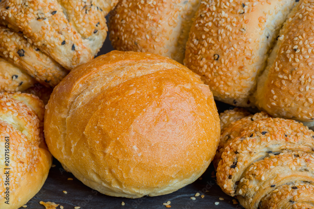 Closeup fresh bread, Traditional homemade bakery closeup.Assorted fresh baked bread.