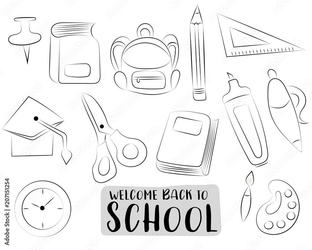 Back to school icons set. Black and white outline hand drawn doodle objects. Coloring page game. Vector illustrator.