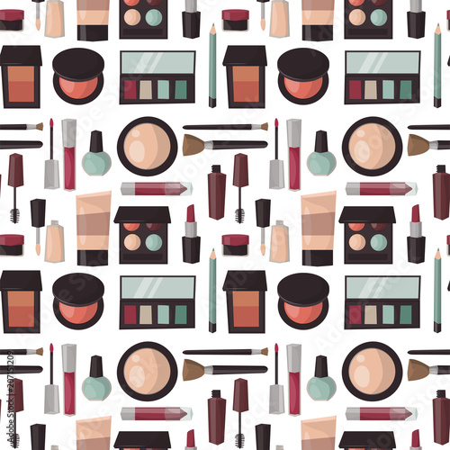 Makeup perfume mascara care brushes seamless pattern background comb faced eyeshadow glamour female accessory vector.