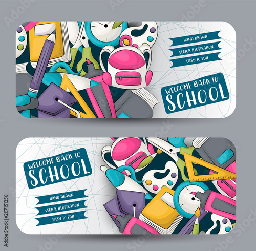 Back to school concept. Horizontal banner template set.  Modern hand drawn doodle design. Vector illustrator.