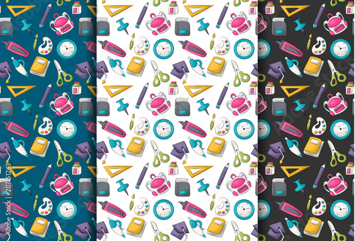 School supplies theme. Seamless pattern set. Vector illustrator.