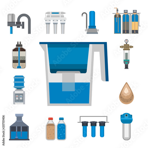 Water purification icon faucet fresh recycle pump astewater treatment collection vector illustration.