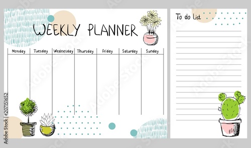 Hand drawing vector weekly planner with plants. photo