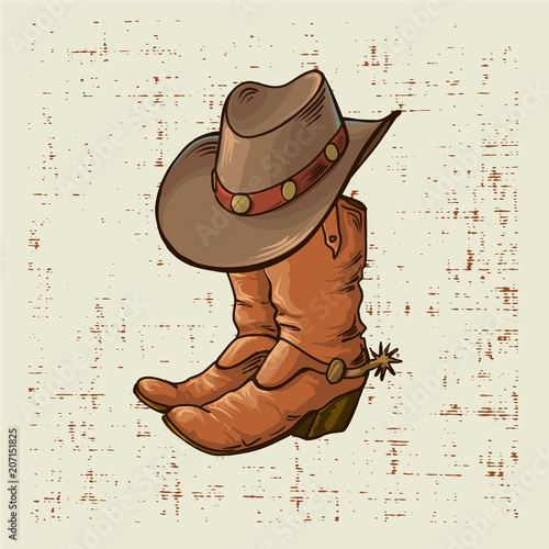 Cowboy boots and hat.Vector graphic illustration on old grunge background