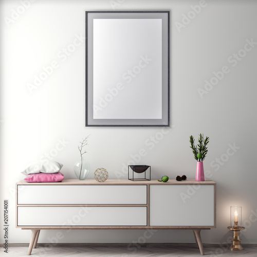 Mock up poster frame in hipster interior background, 3D illustration