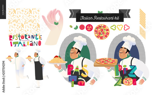 Italian restaurant set - branding, logo and menu constructor - kit of restaurant logo, cooks and waiters wearing the uniform holding a dish of pasta with red bolognese sauce and other italian food
