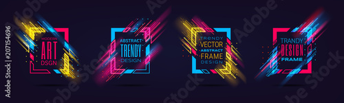 Vector modern frames with neon glowing lines isolated on black background. Art graphics with glitch effect. Holographic design element for business cards, gift cards, invitations, flyers, brochures.