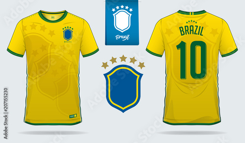 Soccer jersey or football kit template design for Brazil national football team. Front and back view soccer uniform. Football t shirt mock up. Vector Illustration