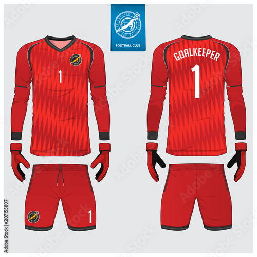Goalkeeper jersey or soccer kit, long sleeve jersey, goalkeeper glove template design. Sport t-shirt mock up. Front and back view football uniform. Flat football logo label. Vector Illustration.