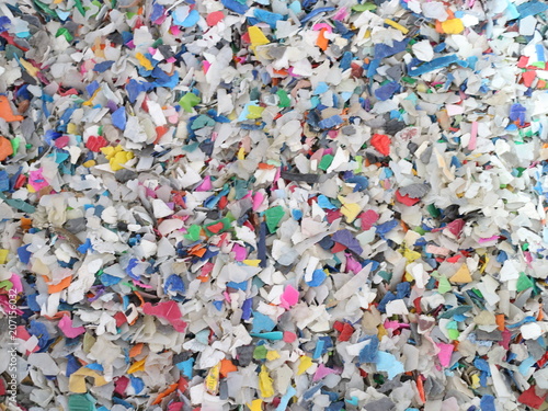 Shredded pieces of plastic in different colors
