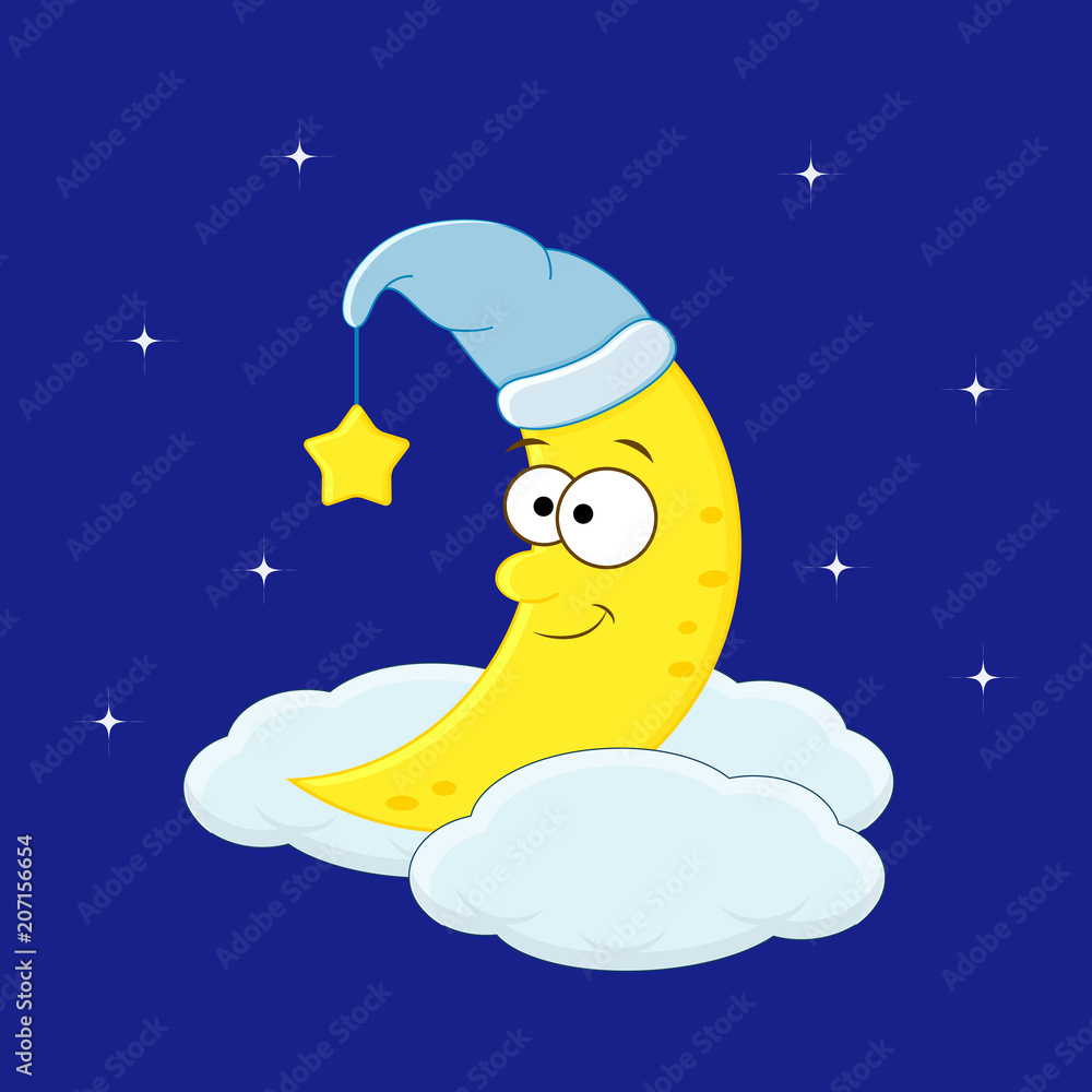 Cute cartoon moon in the hat on the cloud. Vector illustration Cute cartoon moon in the hat on the cloud. Vector illustration