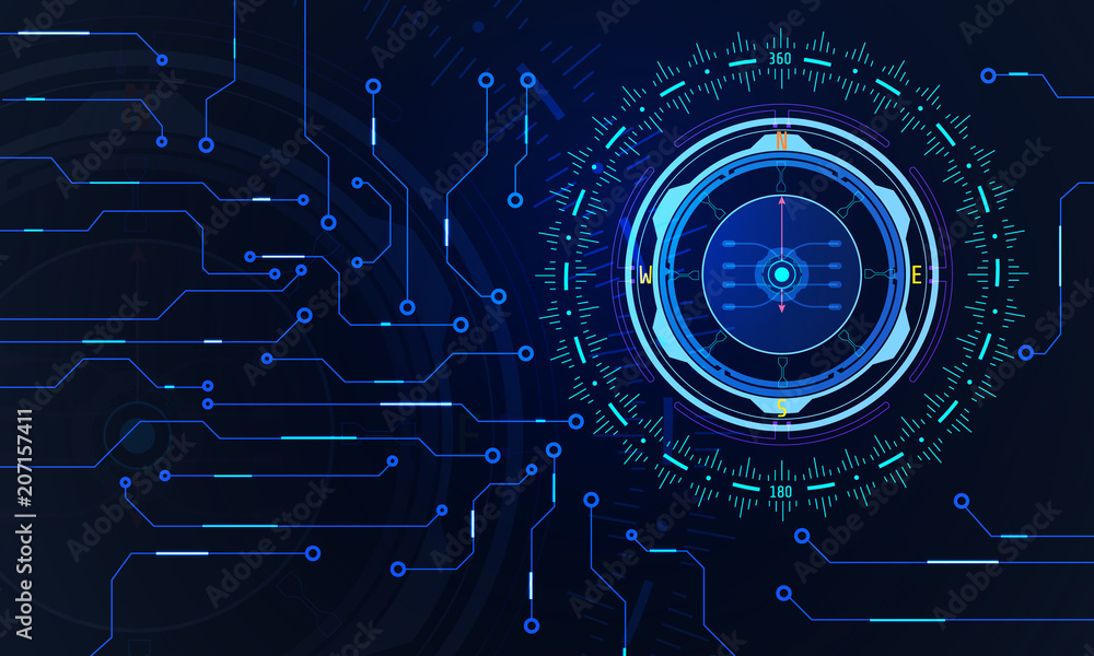 Abstract HUD Scifi Futuristic Compass Navigator With Communication Circuit Board Concept Illustration Vector Abstract HUD Scifi Futuristic Compass Navigator With Communication Circuit Board Concept Illustration Vector