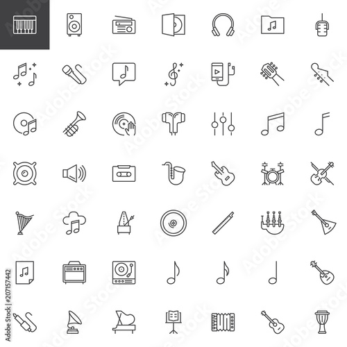 Music instruments outline icons set. linear style symbols collection, line signs pack. vector graphics. Set includes icons as Piano key, Speaker, Radio, Headphones, Microphone, Trumpet, Amplifier