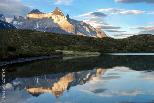 Cuernos del Paine reflected in Lake Pehoe in Chile