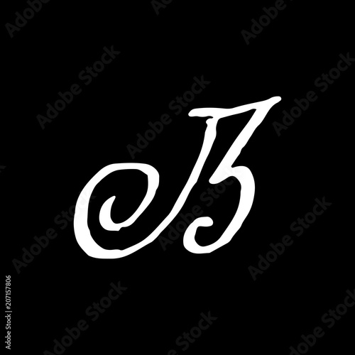 Letter B. Handwritten by dry brush. Rough strokes textured font. Vector illustration. Grunge style alphabet.