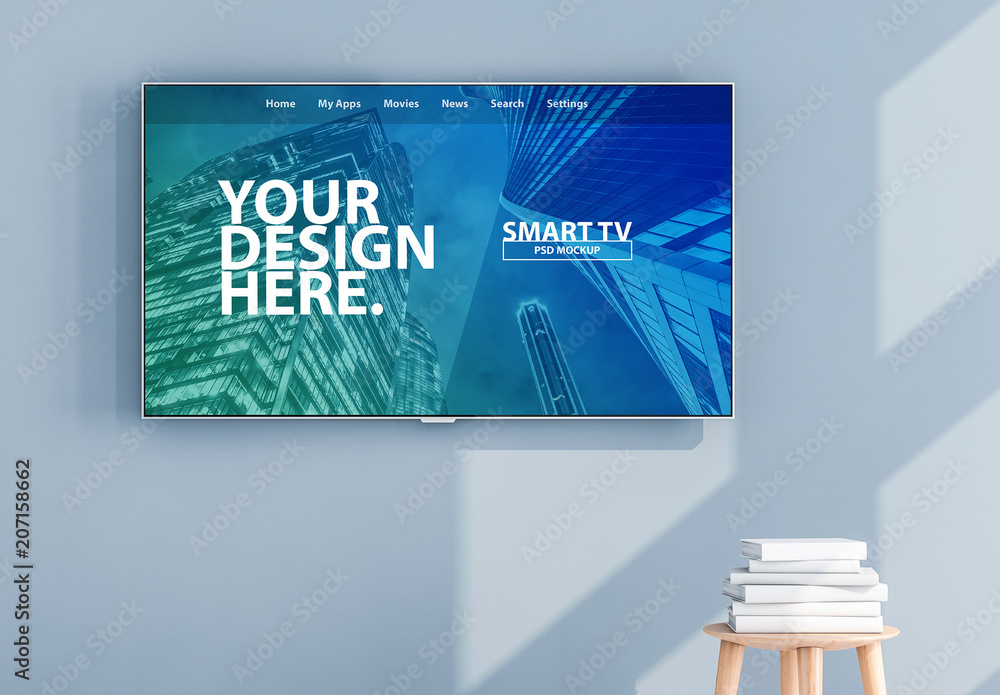 Smart TV on Light Blue Wall Mockup Stock Template | Adobe Stock
