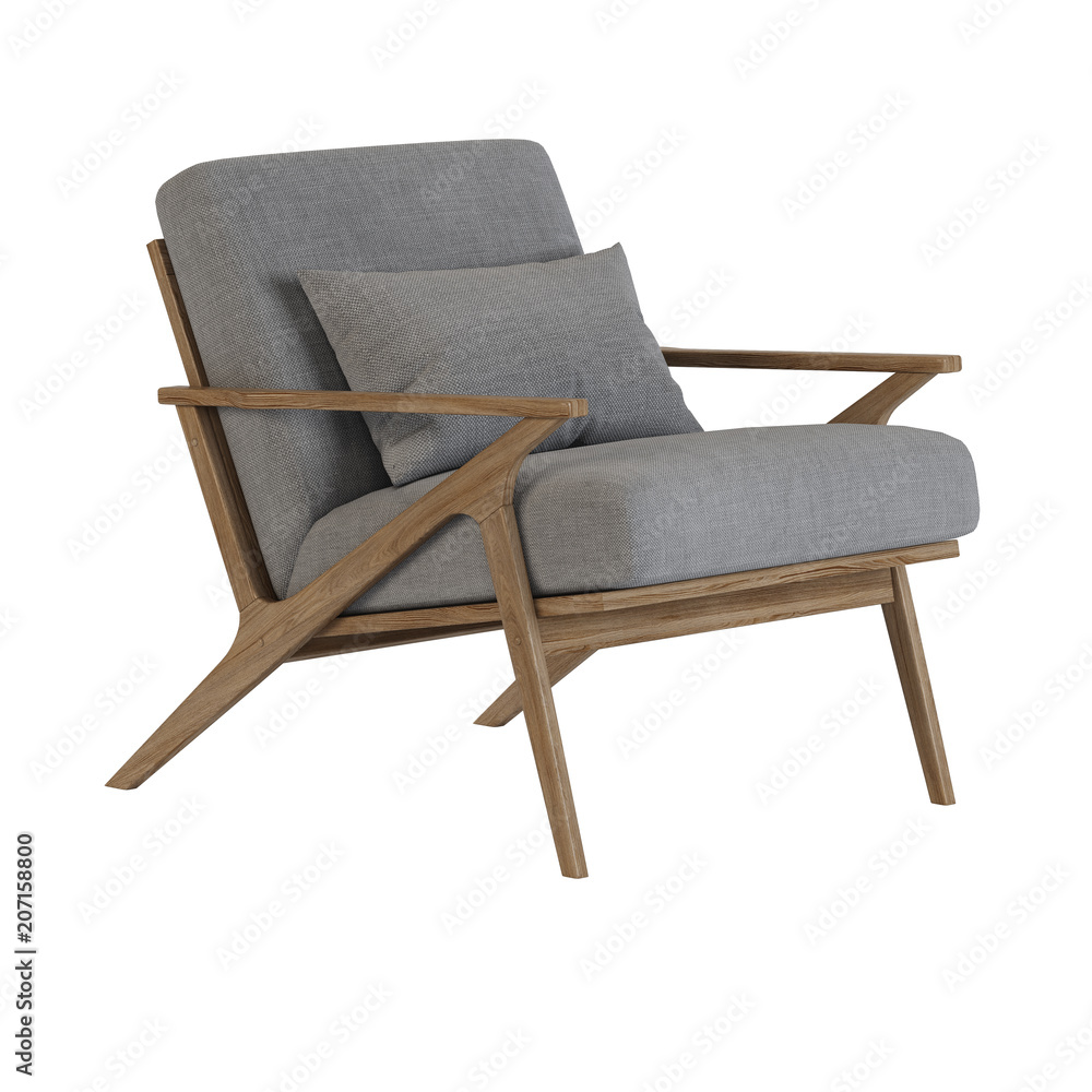 Armchair on wooden legs. Isolate. 3D rendering. Armchair on wooden legs. Isolate. 3D rendering.