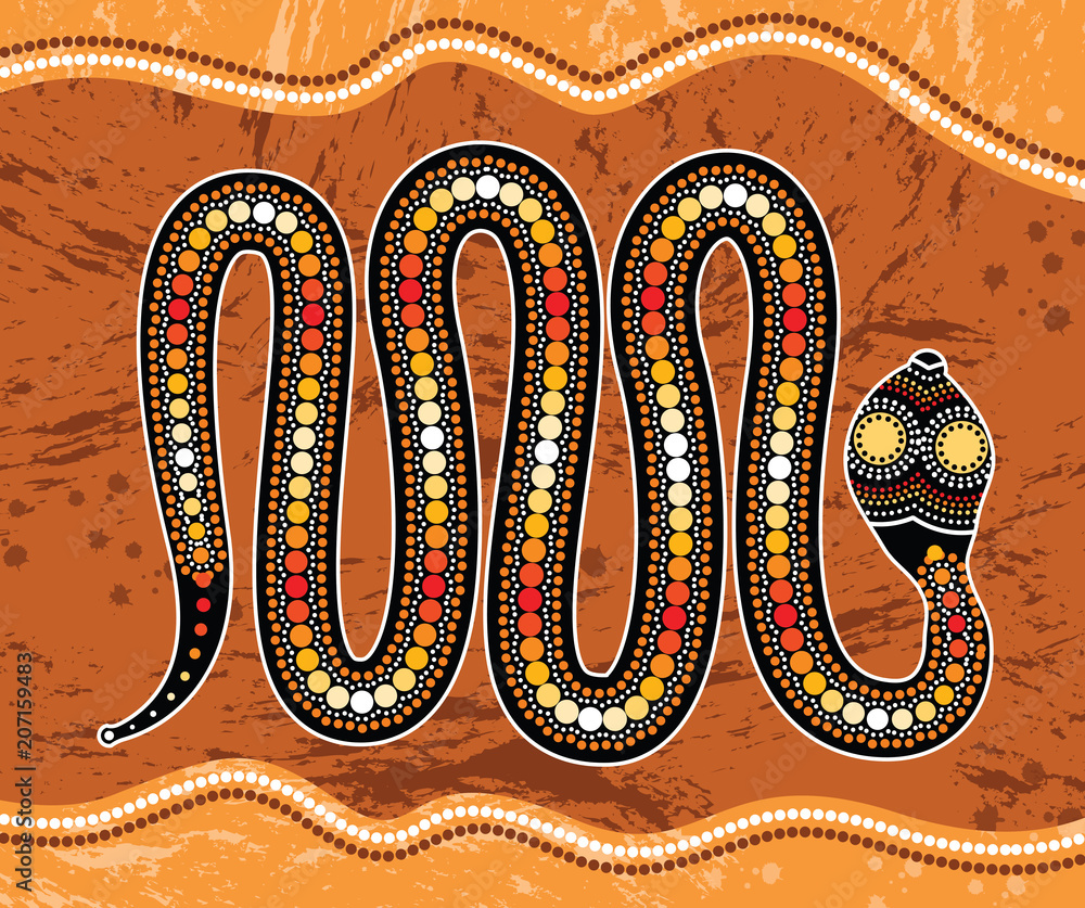 Fototapeta premium Aboriginal art vector painting with snake. Illustration based on aboriginal style of landscape background. 