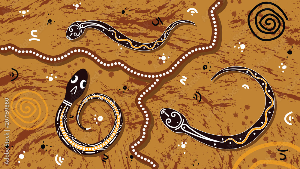 Aboriginal art vector painting with snake. Illustration based on ...
