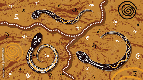 Aboriginal art vector painting with snake. Illustration based on aboriginal style of landscape background.