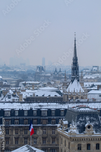 Photography Views on rooftop Notre-Dame de Paris under the snow