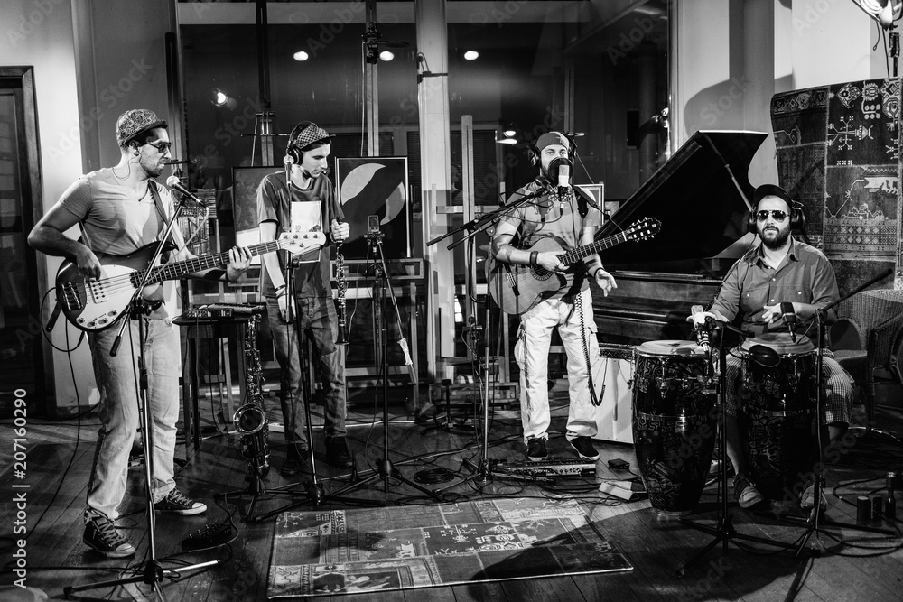 Musicians in Recording Studio, Black and White Musicians in Recording Studio, Black and White