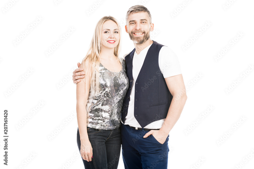 Portrait of smiling couple embracing on white background Portrait of smiling couple embracing on white background