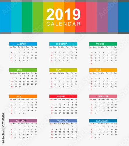 Simple calendar Layout for year 2019. Week starts from Sunday.