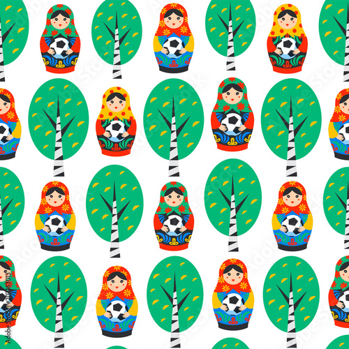 Seamles pattern with Russian Matrioshka, birch and football ball in flat style. Russia symbol with soccer ball. Traditional nesting doll Matreshka with football ball on white background.