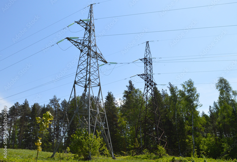 electric supporting tower poles in the forest against the blue sky