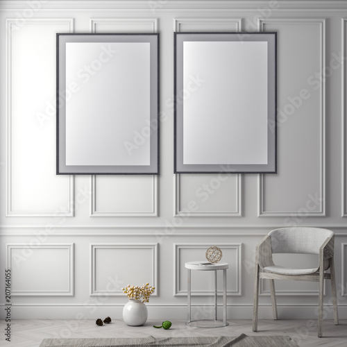 Mock up poster frame in interior background and classic wall, 3D illustration
