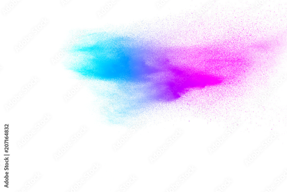 abstract explosion of blue-pink dust on white background. Abstract blue-pink powder splatter on clear  background.