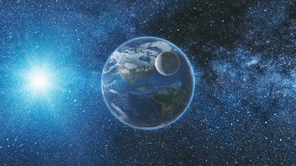 Sunrise view from space on Planet Earth and Moon rotating in space. Blue sky Milky Way with thousand stars in the background. Astronomy and science concept. Elements of image furnished by NASA