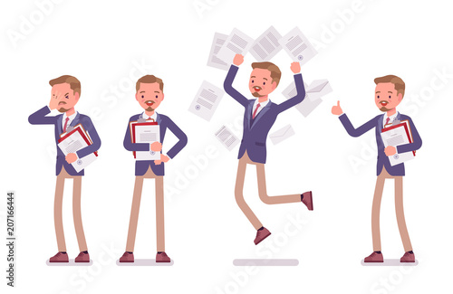 Male office secretary in different emotions