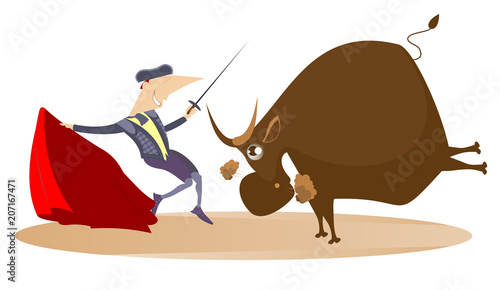 Cartoon bullfighter and angry bull illustration. Cartoon bullfighter with matador cape and sword and angry bull isolated on white illustration