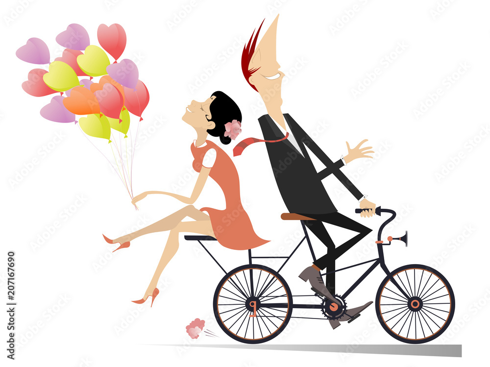 Smiling man and woman with many air balloons ride together on the bike and look happy isolated on white illustration Smiling man and woman with many air balloons ride together on the bike and look happy isolated on white illustration