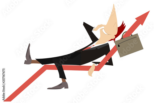 Business concept illustration. Smiling businessman has a rest lying on the arrow isolated on white illustration
