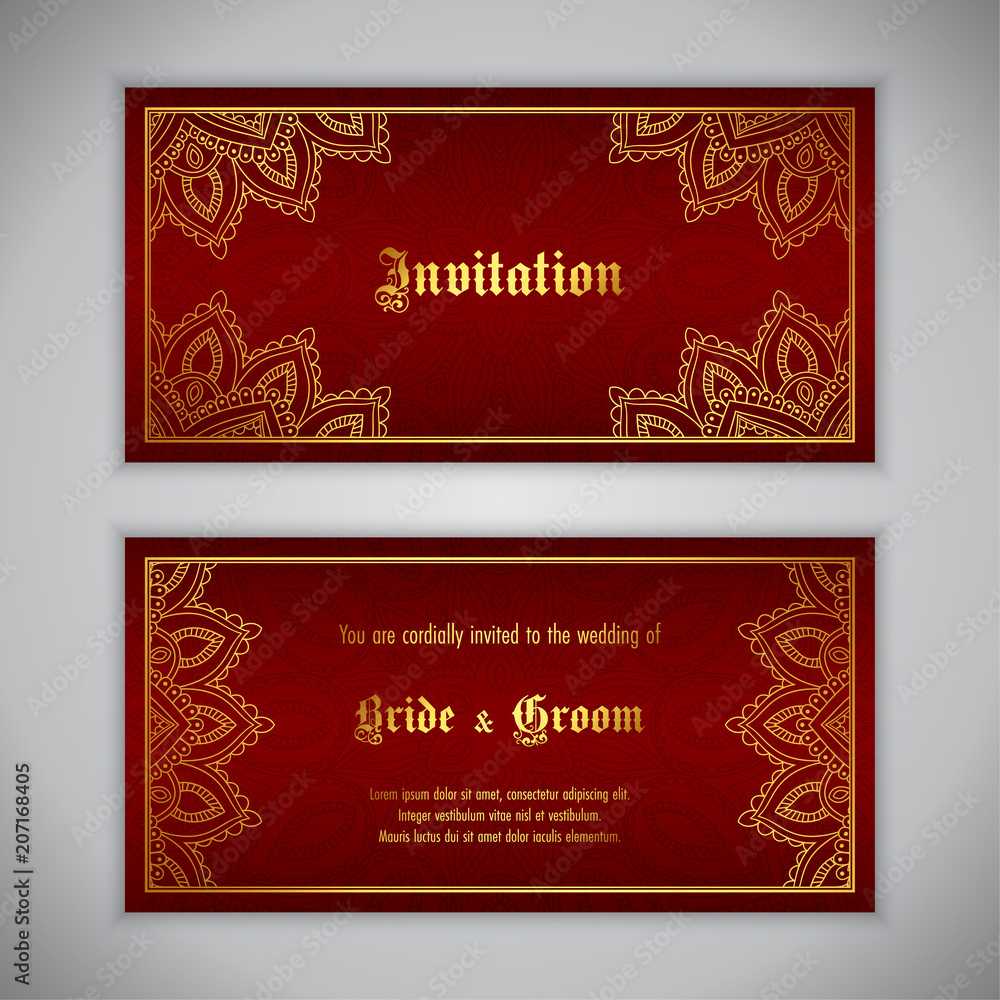 Luxury wedding invitation with golden ornament. Vector illustration