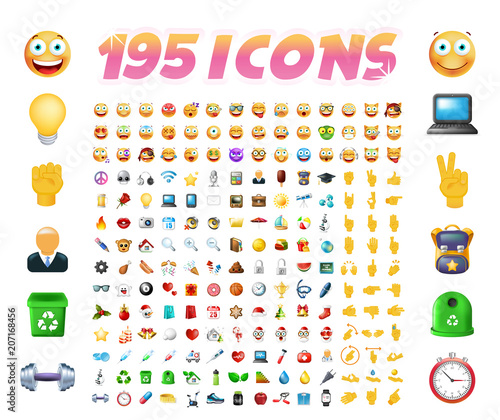 Set of 195 Realistic Cute Icons on Transparent Background . Isolated Vector Illustration 