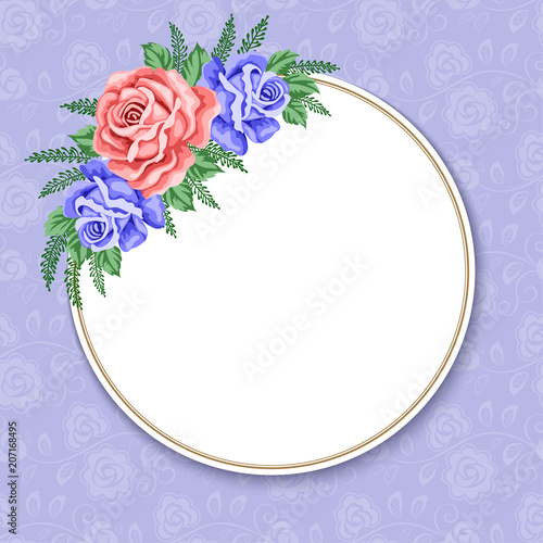 Invitation or greeting card template with roses in retro style. Vector Illustration