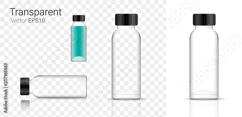 Mock up Realistic Glass Transparent Packaging Product For Cosmetic Beauty or Medicine Bottle isolated Background.