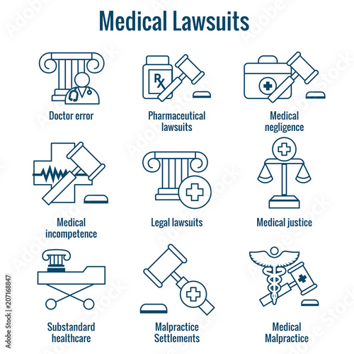 Medical Lawsuits with Pharmaceutical, negligence, & medical malpractice icon set