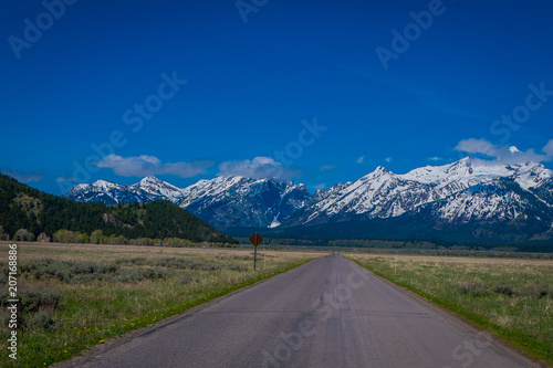 Beautiful landscape of highway leading to the Teton's, Grand Teton National Park, Wyoming